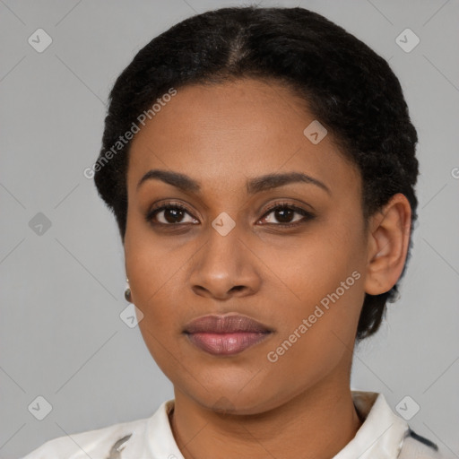 Joyful latino young-adult female with short  black hair and brown eyes