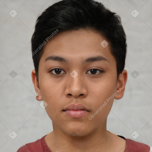Neutral asian young-adult female with short  brown hair and brown eyes