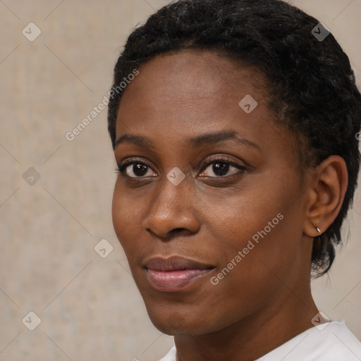 Neutral black young-adult female with short  black hair and brown eyes