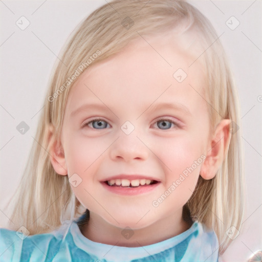 Joyful white child female with medium  blond hair and blue eyes