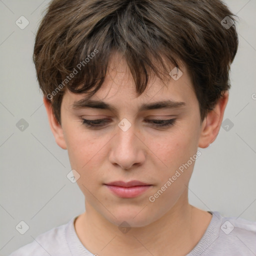 Neutral white young-adult female with short  brown hair and brown eyes