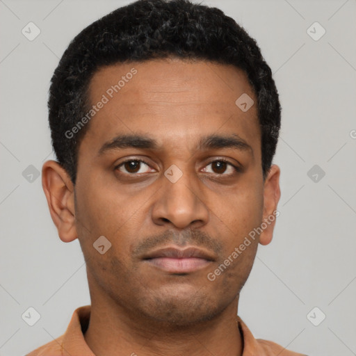 Neutral latino young-adult male with short  black hair and brown eyes