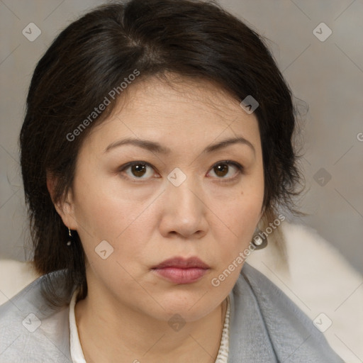 Neutral white adult female with medium  brown hair and brown eyes