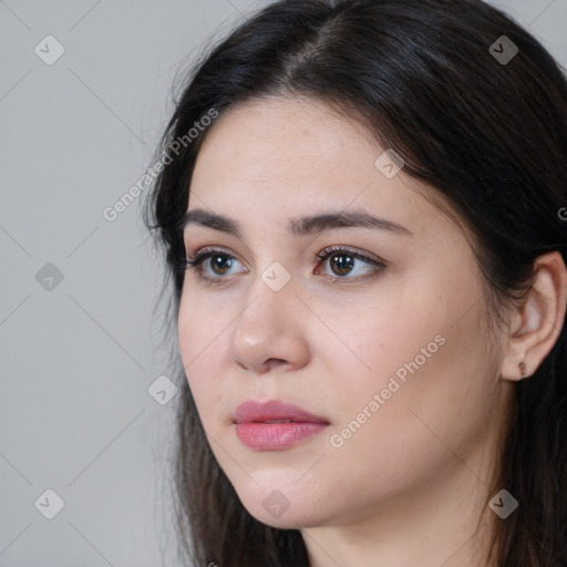 Neutral white young-adult female with long  brown hair and brown eyes