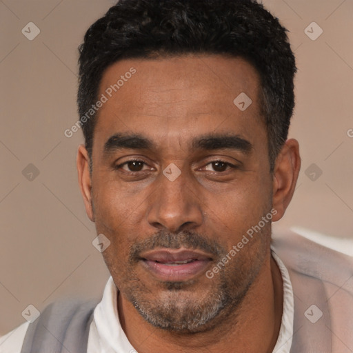 Neutral latino adult male with short  black hair and brown eyes