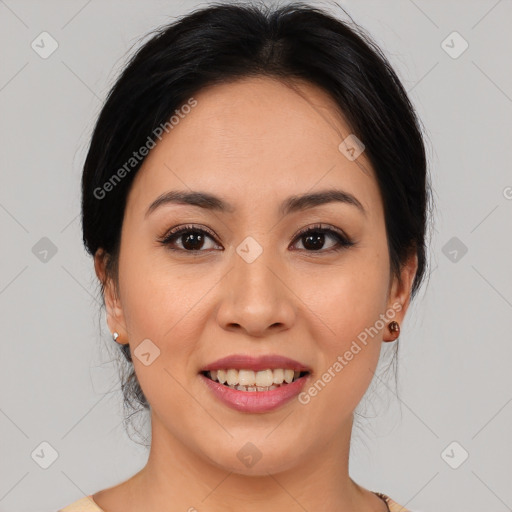 Joyful asian young-adult female with medium  brown hair and brown eyes