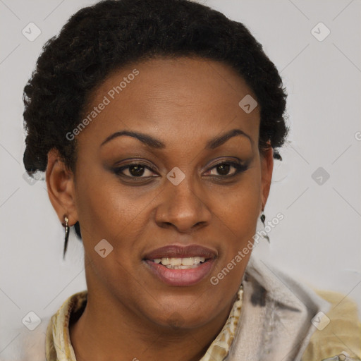 Joyful black adult female with short  brown hair and brown eyes