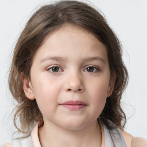 Neutral white child female with medium  brown hair and grey eyes