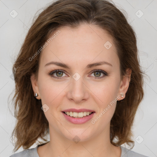 Joyful white young-adult female with medium  brown hair and green eyes