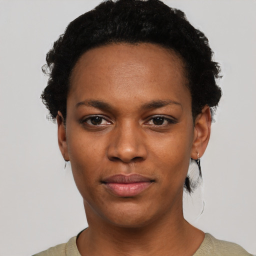 Neutral black young-adult female with short  black hair and brown eyes