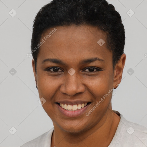 Joyful black young-adult female with short  brown hair and brown eyes