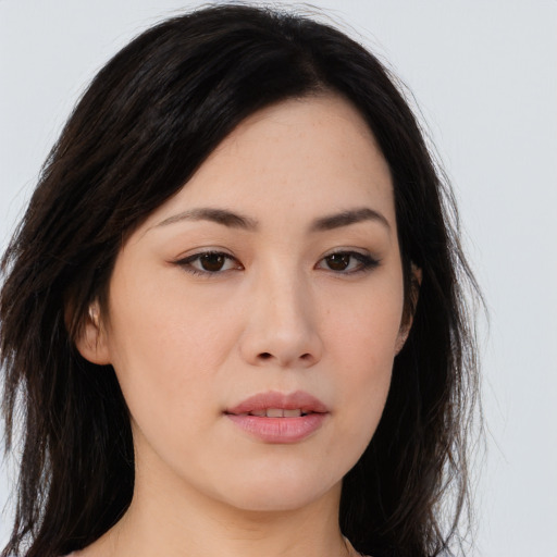 Neutral asian young-adult female with long  brown hair and brown eyes