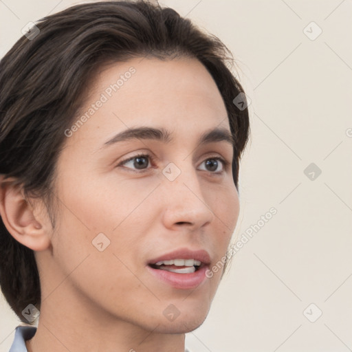 Neutral white young-adult female with medium  brown hair and brown eyes