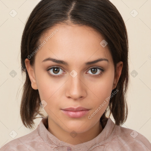 Neutral white young-adult female with medium  brown hair and brown eyes