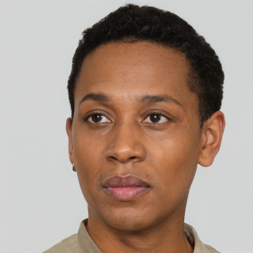 Neutral black young-adult male with short  black hair and brown eyes