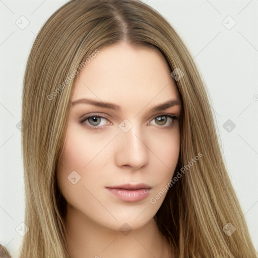 Neutral white young-adult female with long  brown hair and brown eyes