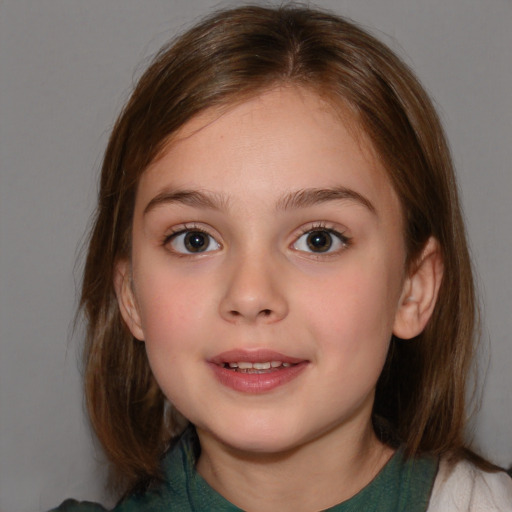 Joyful white child female with medium  brown hair and blue eyes