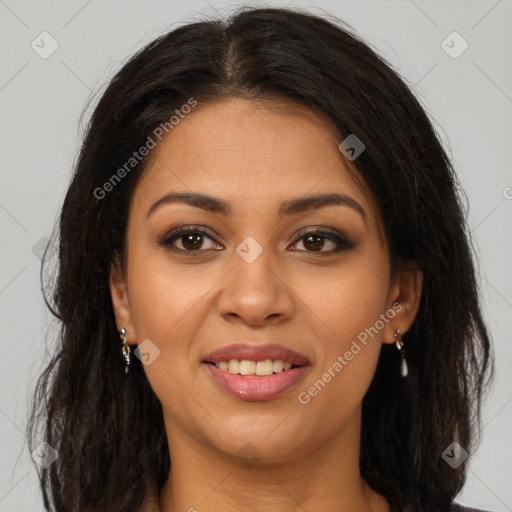 Joyful latino young-adult female with long  brown hair and brown eyes