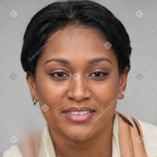 Joyful latino young-adult female with short  brown hair and brown eyes