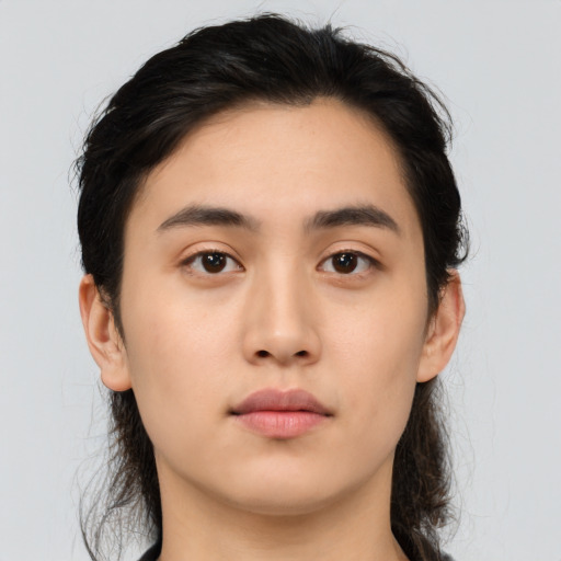 Neutral asian young-adult female with medium  black hair and brown eyes