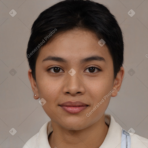 Joyful asian young-adult female with short  black hair and brown eyes