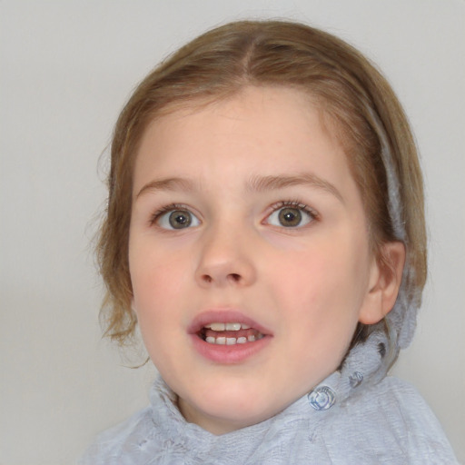 Joyful white child female with medium  brown hair and blue eyes