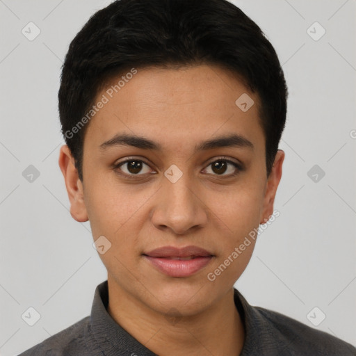 Joyful latino young-adult female with short  brown hair and brown eyes