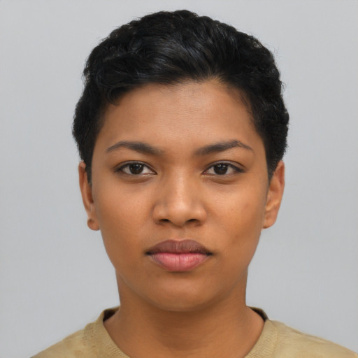 Joyful asian young-adult female with short  black hair and brown eyes