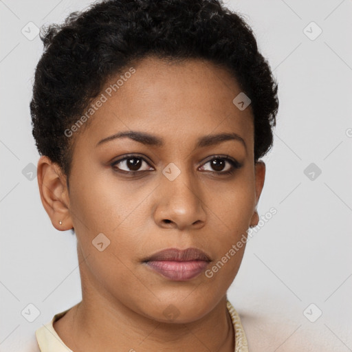 Neutral black young-adult female with short  brown hair and brown eyes