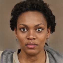 Neutral black young-adult female with short  black hair and brown eyes