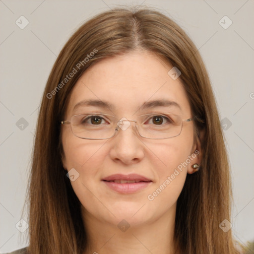 Joyful white young-adult female with long  brown hair and green eyes