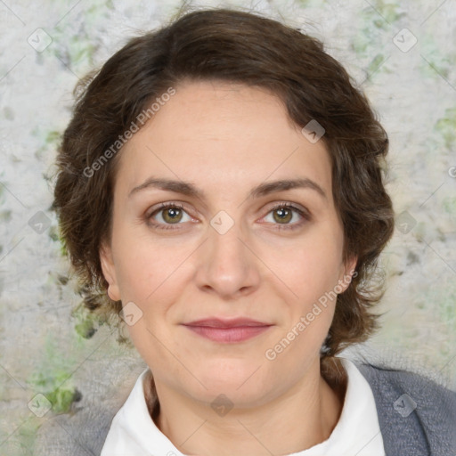 Joyful white young-adult female with medium  brown hair and green eyes