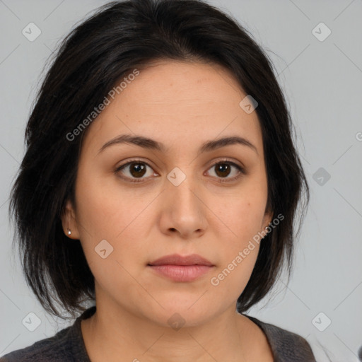 Neutral white young-adult female with medium  brown hair and brown eyes