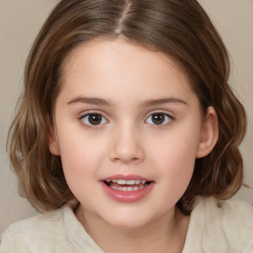 Joyful white child female with medium  brown hair and brown eyes