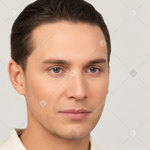 Neutral white young-adult male with short  brown hair and brown eyes