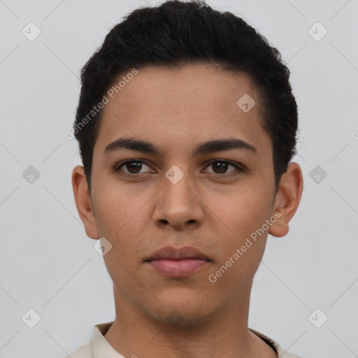 Neutral latino young-adult male with short  brown hair and brown eyes