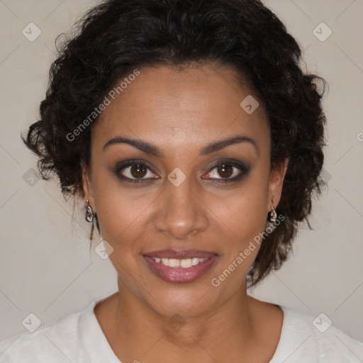 Joyful black young-adult female with medium  brown hair and brown eyes