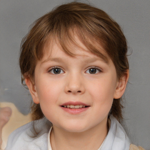 Joyful white child female with medium  brown hair and brown eyes