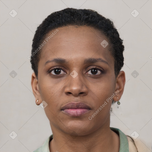 Neutral black young-adult female with short  black hair and brown eyes