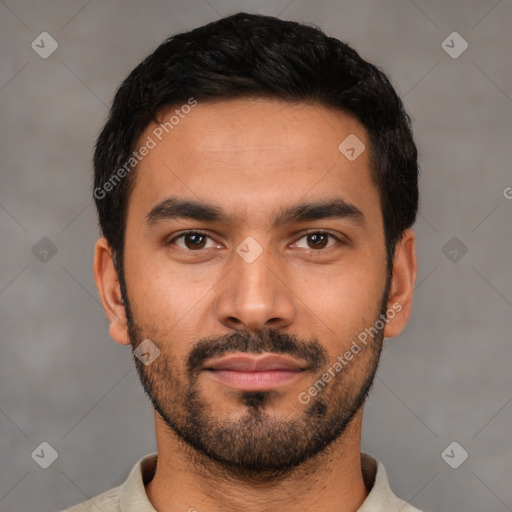 Neutral latino young-adult male with short  black hair and brown eyes