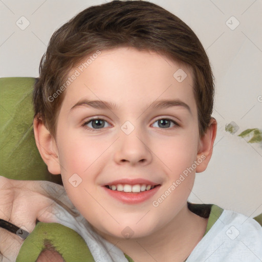 Joyful white child female with medium  brown hair and brown eyes