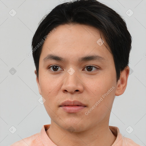 Neutral asian young-adult male with short  black hair and brown eyes