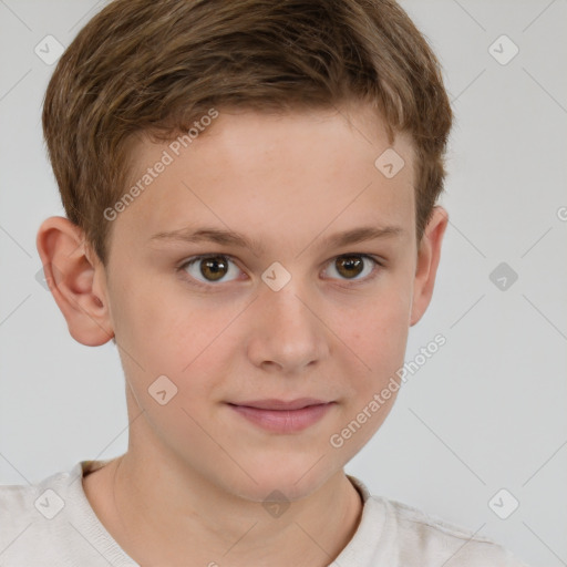 Joyful white child male with short  brown hair and brown eyes