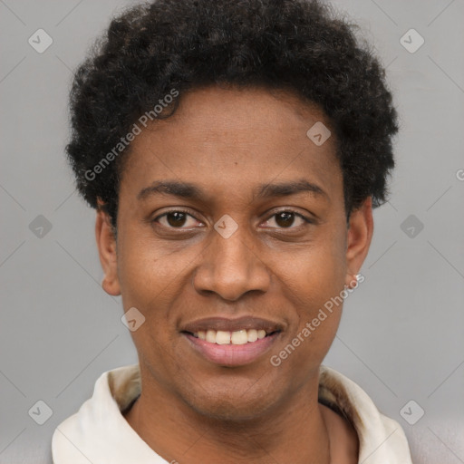 Joyful black young-adult male with short  brown hair and brown eyes