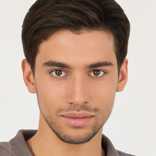 Neutral white young-adult male with short  brown hair and brown eyes