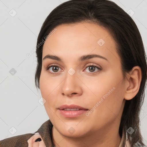 Neutral white young-adult female with medium  brown hair and brown eyes