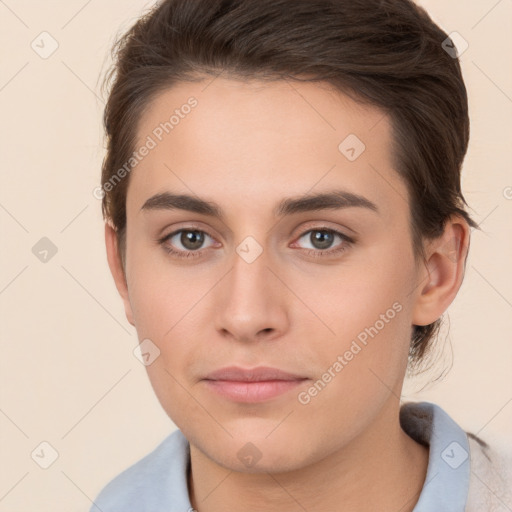 Neutral white young-adult female with short  brown hair and brown eyes