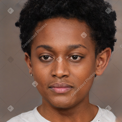 Neutral black young-adult female with short  black hair and brown eyes