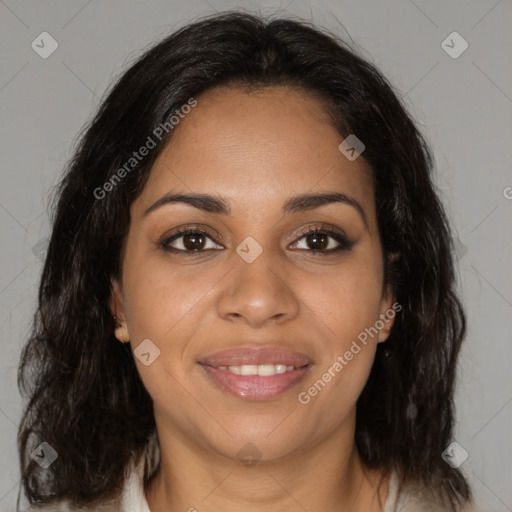 Joyful black young-adult female with medium  brown hair and brown eyes