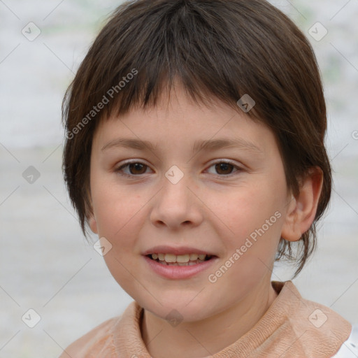 Joyful white child female with medium  brown hair and brown eyes